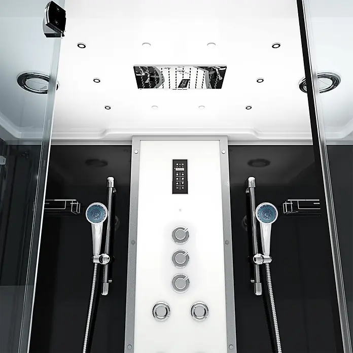 AcquaVapore Komplettdusche Dampfdusche K80-SW-TH-A-EC - 100 x 180 x 228 cm, Schwarz - Modernes Duschkabinen-Interieur mit schwarzen Wänden, weißem Bedienfeld und Chromarmaturen.