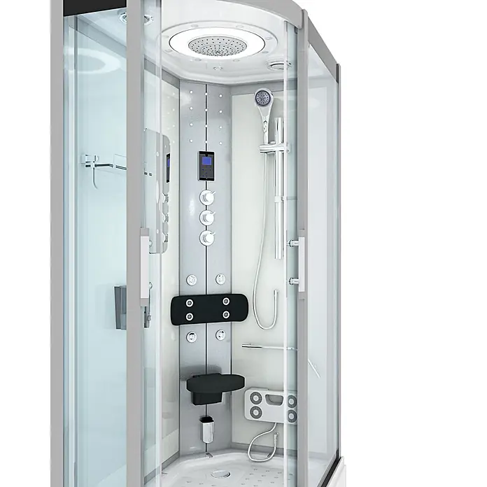 AcquaVapore Komplettdusche Dampfdusche D60-70T3L-EC - Weiß - Moderne Eck-Duschkabine in Weiß und Silber mit Glaswänden, Bedienfeld, mehreren Duschköpfen, Sitz und Fußmassage.
