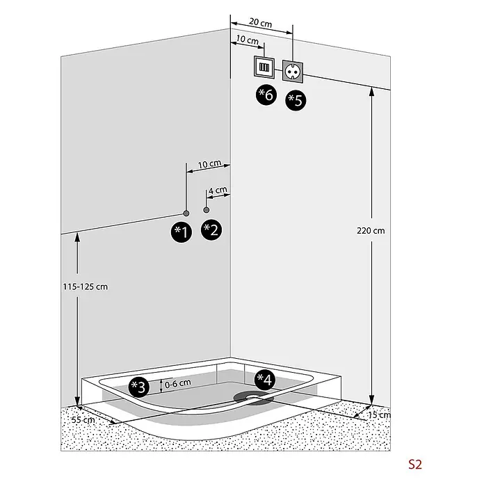AcquaVapore Komplettdusche Dampfdusche D60-70T3L-EC - Weiß - Installationsschema für eine Duschkabine mit Maßangaben für Elektrik und Wasseranschlüsse.