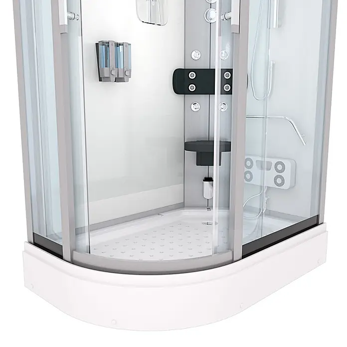 AcquaVapore Komplettdusche Dampfdusche D60-70T3L-EC - Weiß - Moderne, gebogene Duschkabine mit Klarglastüren, weißer Basis und integriertem Duschpanel mit Düsen und Spendern.