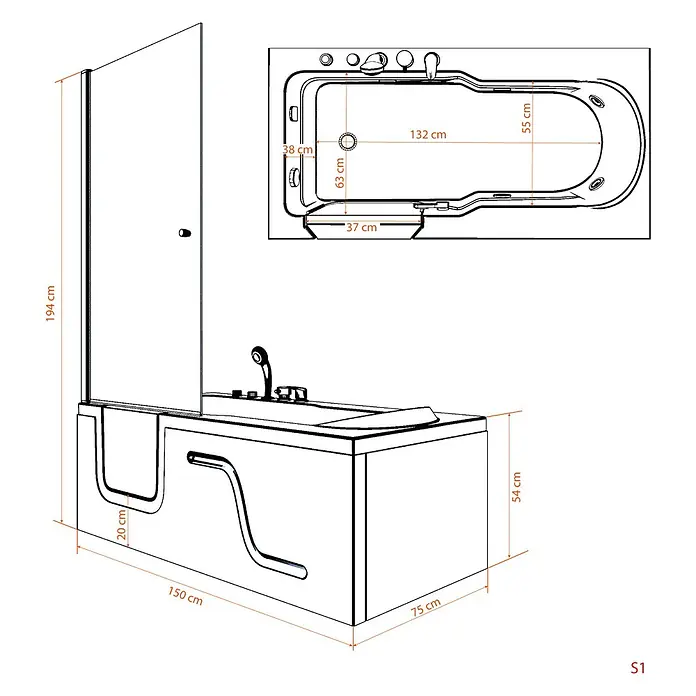 AcquaVapore Komplettdusche Fertigdusche S17D-EH-R-EC - 75 x 150 x 210 cm, Weiß - Barrierefreie Badewanne mit integrierter Duschwand und Tür, Maße angezeigt.