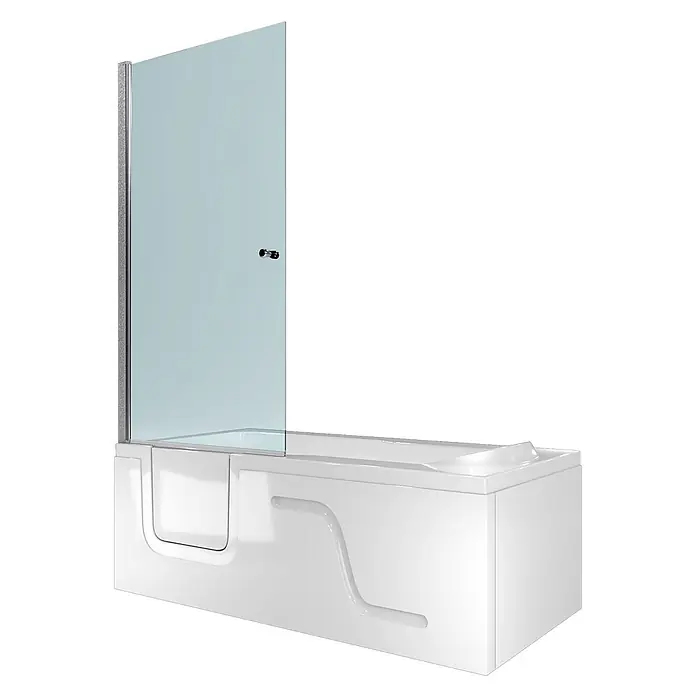 AcquaVapore Komplettdusche Fertigdusche S17D-R-EC - 75 x 150 x 210 cm, Weiß - Weiße begehbare Badewanne mit Duschabtrennung aus Klarglas und silbernem Rahmen.