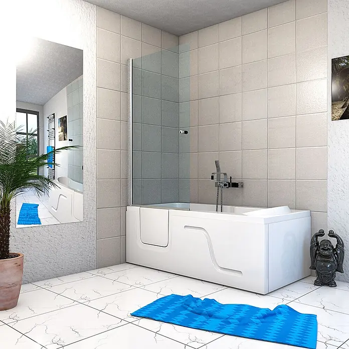AcquaVapore Komplettdusche Fertigdusche S17D-R-EC - 75 x 150 x 210 cm, Weiß - Weiße begehbare Badewanne mit Duschabtrennung aus Klarglas, in einem gefliesten Badezimmer mit blauer Badematte.