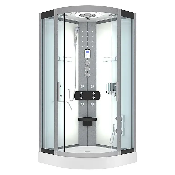 AcquaVapore Komplettdusche Fertigdusche D58-00T1 - Weiß - Moderne Eckduschkabine mit Glaswänden, grauen Strukturbereichen, weißem Sockel, Multifunktionsbrause und integriertem Sitz.