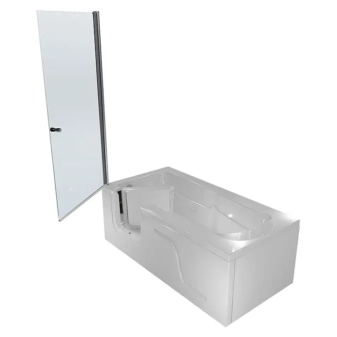 AcquaVapore Komplettdusche Fertigdusche S17D-R-EC - 75 x 150 x 210 cm, Weiß - Weiße Badewanne mit Einstieg, integriertem Sitz und Glasduschwand für barrierefreien Zugang.