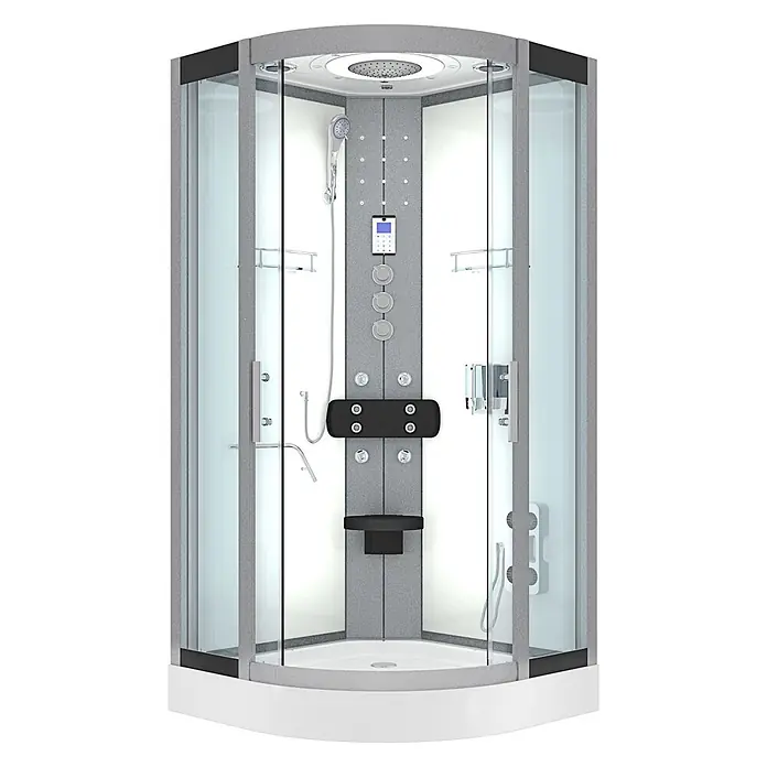 AcquaVapore Komplettdusche Fertigdusche D58-00T1 - Weiß - Moderne graue Eckduschkabine mit Klarglastüren, Kopf- und Handbrause, Massagedüsen, digitalen Bedienelementen und einem schwarzen Sitz.