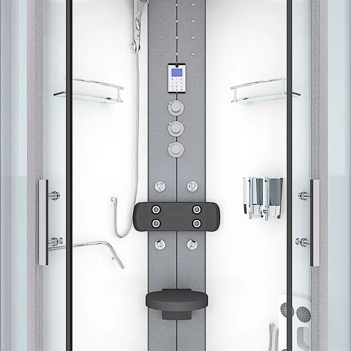 AcquaVapore Komplettdusche Fertigdusche D58-60T1 - Weiß - Moderne Duschkabine mit grauem Bedienfeld, Digitalanzeige, Massagedüsen, Handbrause und Klappsitz. Mit Ablagen und Spendern.