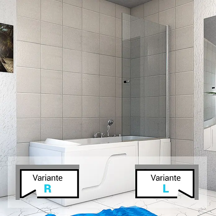 AcquaVapore Komplettdusche Fertigdusche S17D-TH-L - 150 x 75 x 210 cm, Weiß - Weiße Badewanne mit integrierter Duschwand aus Klarglas, links- und rechtsseitige Varianten im Badezimmer.