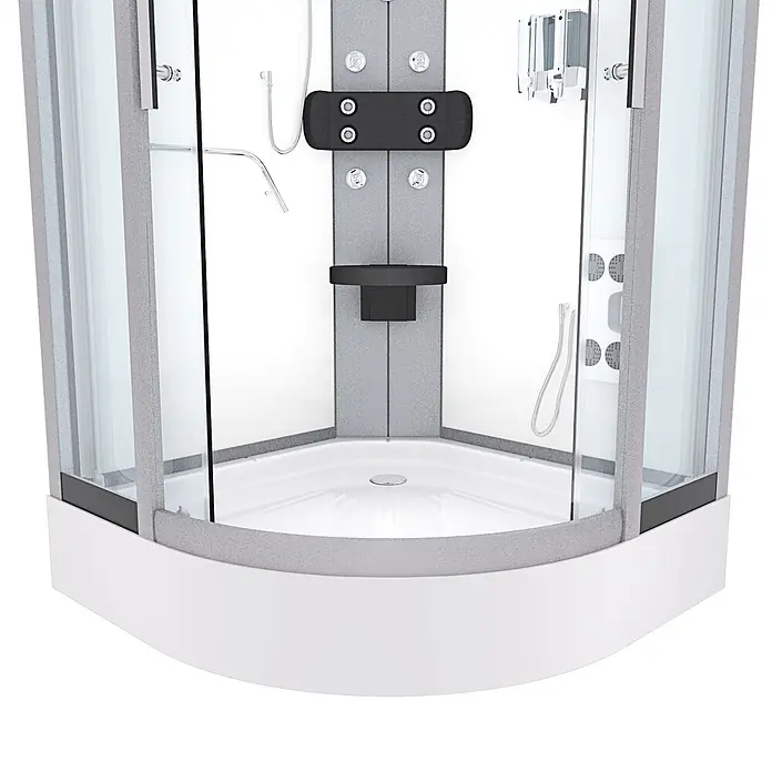 AcquaVapore Komplettdusche Fertigdusche D58-00T1 - Weiß - Moderne Eckduschkabine mit Klarglaswänden, weißer Duschwanne, grauen Struktorpaneelen, schwarzem Regal und mehreren Duschdüsen.