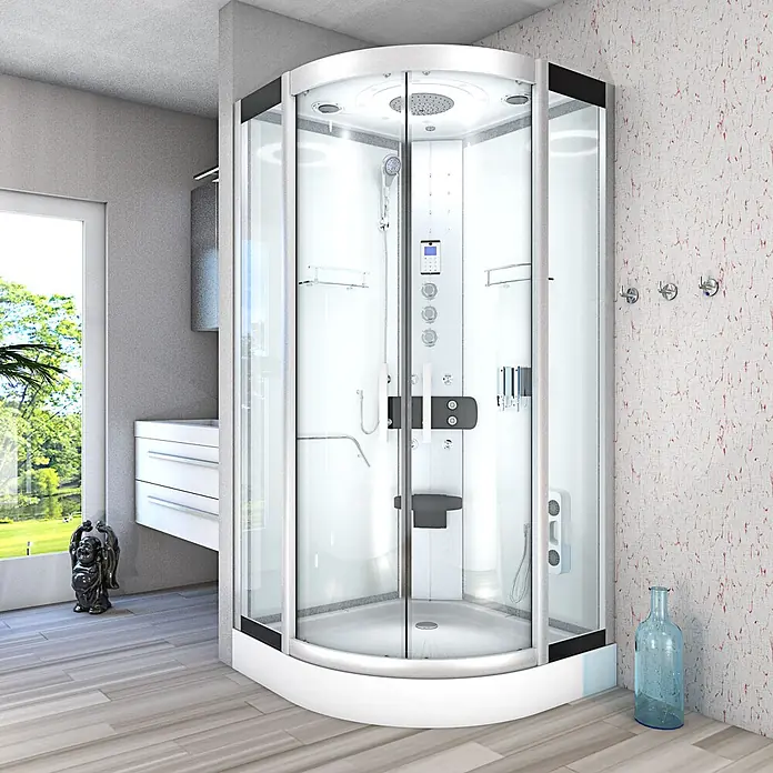 AcquaVapore Komplettdusche Fertigdusche D58-00T1 - Weiß - Moderne Viertelkreis-Duschkabine mit Glastüren, weißem Rahmen und Chromarmaturen im Badambiente.