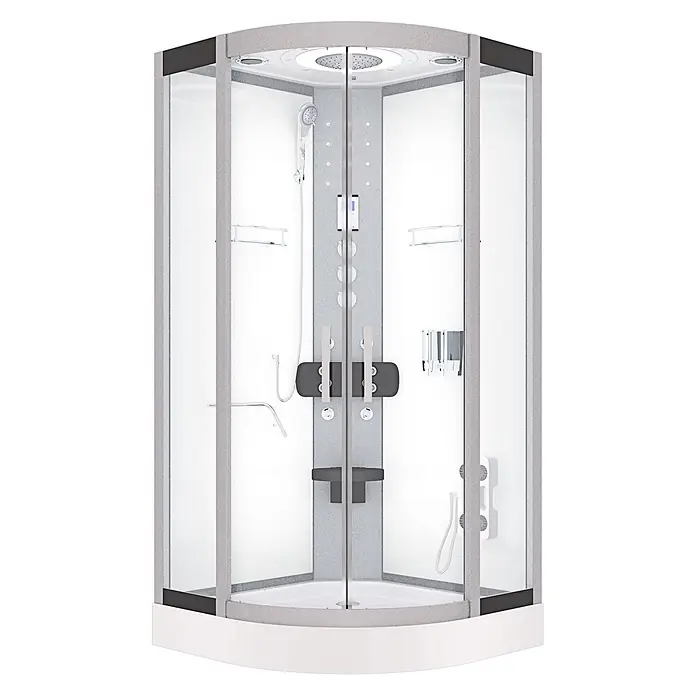 AcquaVapore Komplettdusche Fertigdusche D58-00T1 - Weiß - Moderne quadrantförmige Duschkabine mit klaren Glastüren, grauem Rahmen, mehreren Brausen, Massagedüsen und integriertem Sitz auf weißer Wanne.