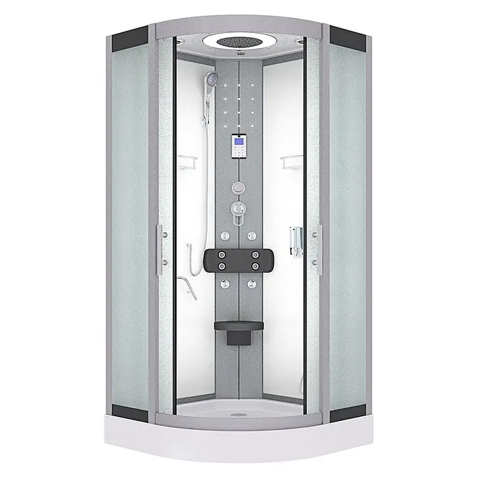 AcquaVapore Komplettdusche Fertigdusche D58-10M0 - 90 x 90 x 215 cm, Weiß - Moderne Eckduschkabine mit grauen Strukturpaneelen, mattiertem Glas, Chromarmaturen, integriertem Sitz und mehreren Duschköpfen.