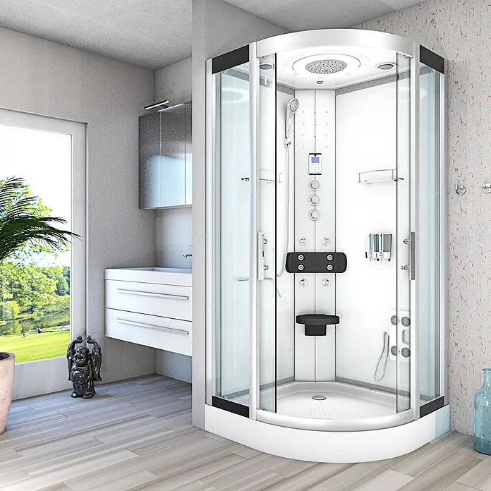 AcquaVapore Komplettdusche Fertigdusche D58-00T1 - Weiß - Multifunktionale Quadrant-Duschkabine mit Klarglas, weißem Unterbau, Regendusche, Massagedüsen, Bedienfeld und Sitz.
