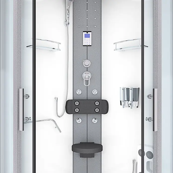 AcquaVapore Komplettdusche Fertigdusche D58-50T0 - 90 x 90 x 225 cm, Weiß - Moderne grau-weiße Duschkabine mit digitalem Bedienfeld, Handbrause, Massagedüsen, Klappsitz und Seifenspendern.