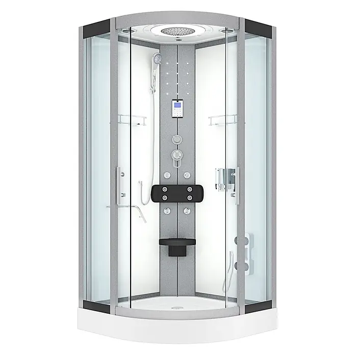 AcquaVapore Komplettdusche Fertigdusche D58-00T0-EC - 80 x 80 x 215 cm, Weiß - Moderne Eckduschkabine mit grauen Paneelen, klarem Glas, Kopf- & Handbrause, Massagedüsen, digitaler Steuerung und integriertem schwarzen Sitz.