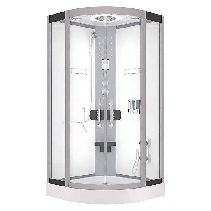 AcquaVapore Komplettdusche Fertigdusche D58-00T0-EC - 80 x 80 x 215 cm, Weiß - Moderne grau-weiße Viertelkreis-Duschkabine mit Glastüren, integriertem Sitz, Kopf- und Handbrausen.