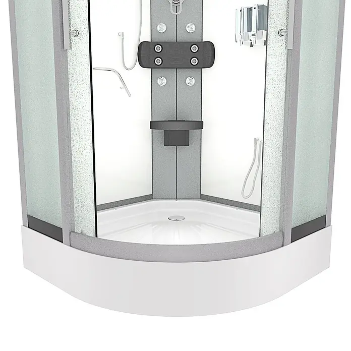 AcquaVapore Komplettdusche Fertigdusche D58-10M0 - 90 x 90 x 215 cm, Weiß - Eckduschkabine: weißer Sockel, grauer Rahmen, mattiertes Glas, Multifunktions-Duschpaneel.