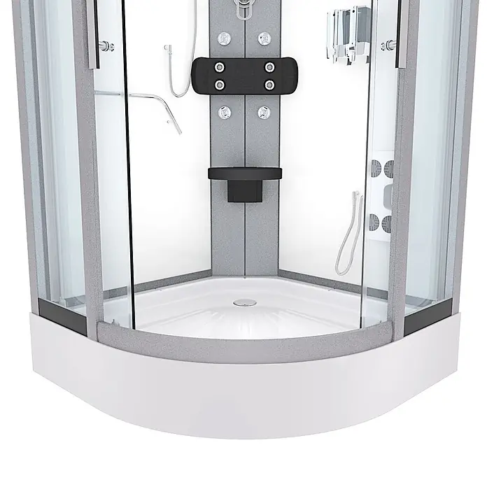 AcquaVapore Komplettdusche Fertigdusche D58-00T0-EC - 80 x 80 x 215 cm, Weiß - Eckduschkabine mit Klarglastüren, grauem Rahmen, weißer Basis und innenliegendem Duschpaneel mit mehreren Düsen und schwarzer Ablage.