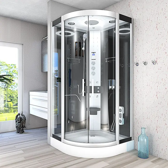 AcquaVapore Komplettdusche Fertigdusche D58-13T1-EC - 90 x 90 x 215 cm, Schwarz - Moderne weiße Eckduschkabine aus Glas in hellem Badezimmer.