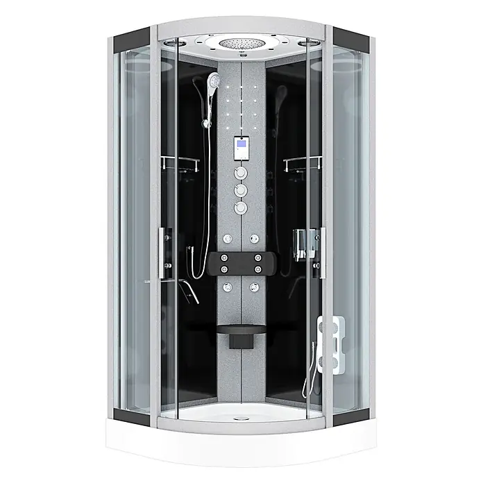AcquaVapore Komplettdusche Fertigdusche D58-13T1-EC - 90 x 90 x 215 cm, Schwarz - Moderne grau-schwarze Duschkabine mit Klarglas, Regendusche, Handbrause, Massagedüsen und Bedienfeld.