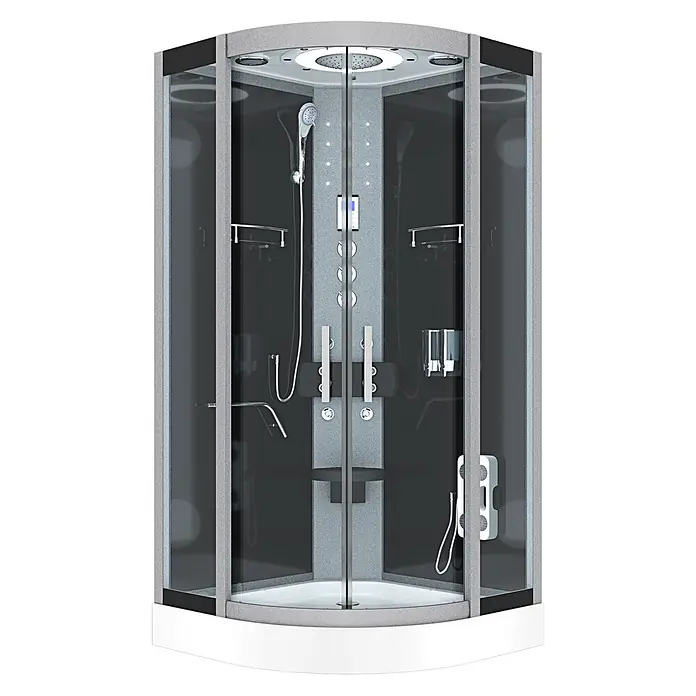AcquaVapore Komplettdusche Fertigdusche D58-13T1-EC - 90 x 90 x 215 cm, Schwarz - Moderne Eckduschkabine mit grauem Rahmen, dunklem Innenraum, Hydro-Massage-Düsen und Hand-/Kopfbrausen.