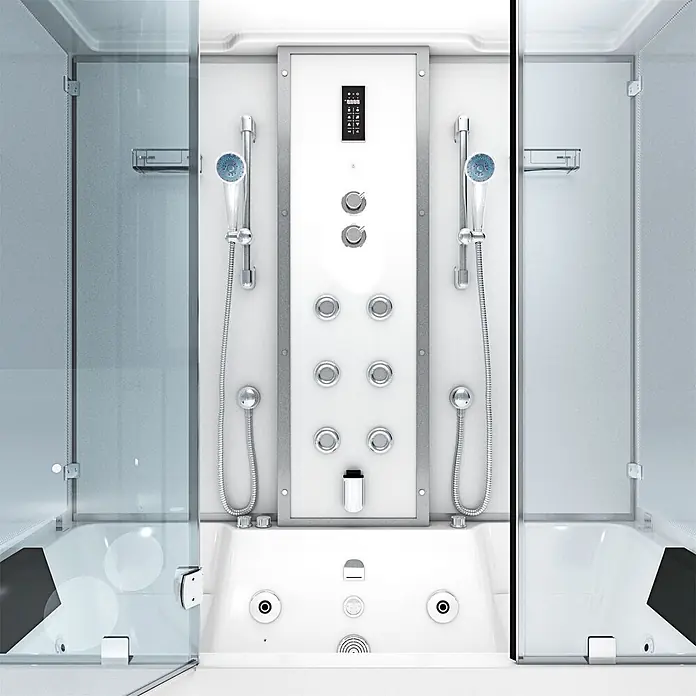 AcquaVapore Komplettdusche Dampfdusche K80-WS-EH-A - Weiß - Weiße Hydromassage-Duschkabine mit integrierter Badewanne, Chromarmaturen, Glastüren und zentralem Bedienfeld.