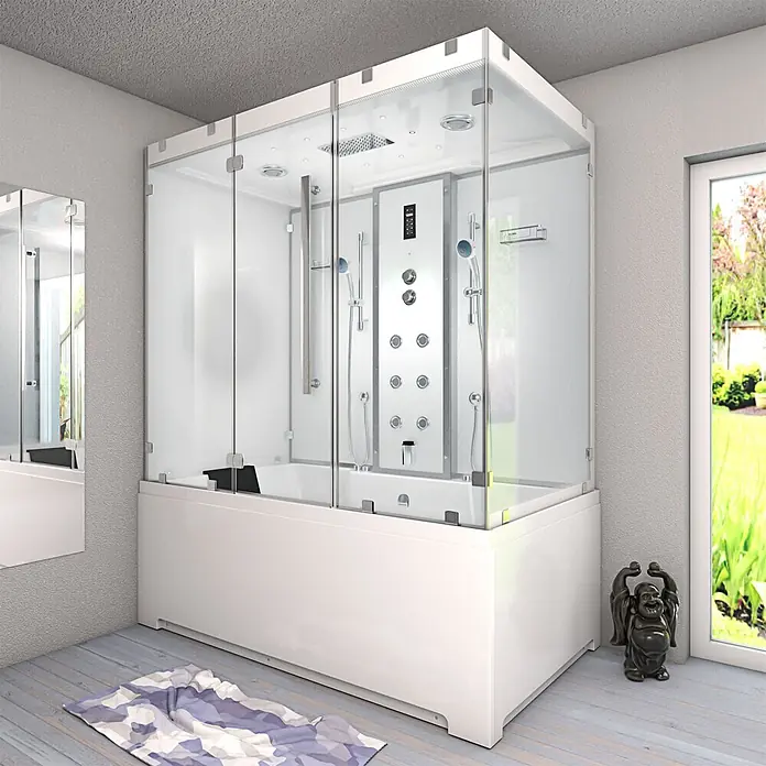 AcquaVapore Komplettdusche Dampfdusche K80-WS-EH-A - Weiß - Weiße Dusch-Badewannen-Kombination mit Glaswänden und Hydromassagedüsen.