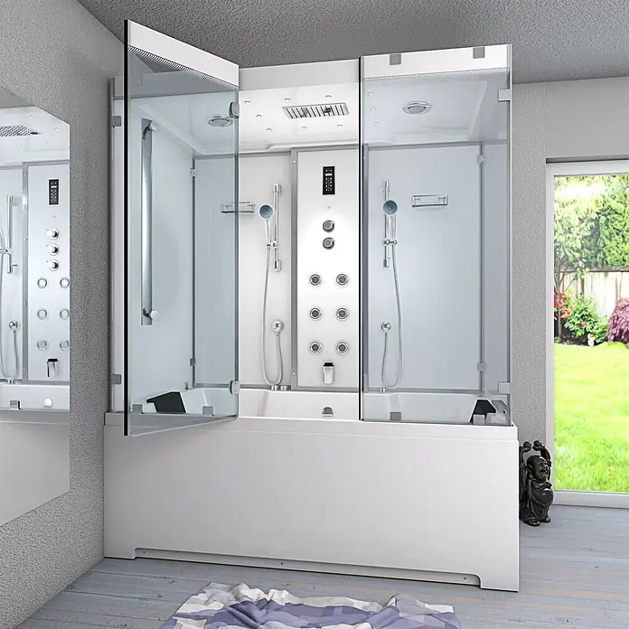 AcquaVapore Komplettdusche Dampfdusche K80-WS-EH-A - Weiß - Moderne weiße Dusch-Badewannen-Kombination mit Glasabtrennung, mehreren Brausen und Massagedüsen in einem geräumigen Badezimmer.