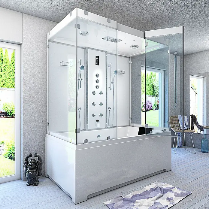 AcquaVapore Komplettdusche Dampfdusche K80-WS-TH-B-EC - Weiß - Moderne weiße Duschkabine mit integrierter Badewanne und Glasfront, ausgestattet mit Massagedüsen und Handbrausen.
