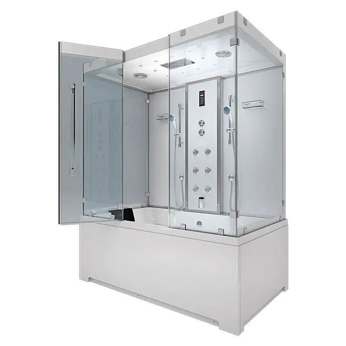 AcquaVapore Komplettdusche Dampfdusche K80-WS-EH-A - Weiß - Weiße Hydromassage-Duschkabine mit Klarglaswänden, integrierter Badewanne, mehreren Düsen und Kopfbrause.