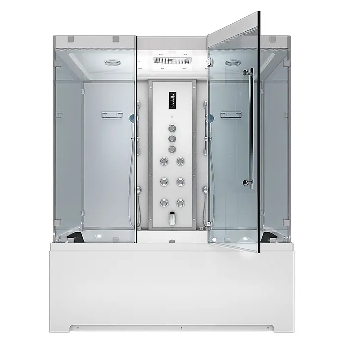 AcquaVapore Komplettdusche Dampfdusche K80-WS-TH-B-EC - Weiß - Moderne weiße und silberne Dampfduschkabine mit Glastüren, Multi-Jet-Panel und integrierter Wannenschürze.