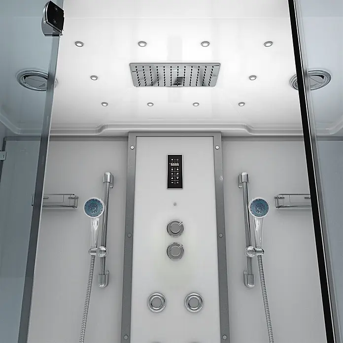 AcquaVapore Komplettdusche Dampfdusche K80-WS-EH-A - Weiß - Innenansicht einer modernen Multifunktions-Duschkabine in Weiß und Chrom mit Kopf- und Handbrausen sowie digitaler Steuerung.