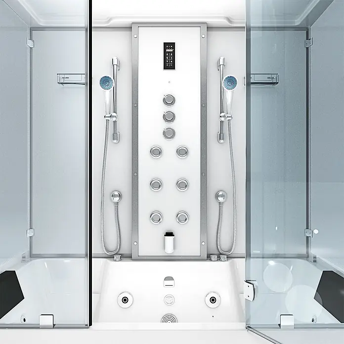 AcquaVapore Komplettdusche Dampfdusche K80-WS-TH-B-EC - Weiß - Weiße und Chrom-Hydromassage-Duschkabine mit integrierter Wanne, Digitalpanel und mehreren Düsen.