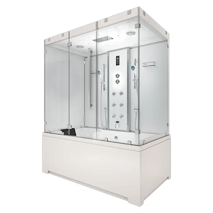 AcquaVapore Komplettdusche Dampfdusche K80-WS-EH-A - Weiß - Moderne weiße Dusch- und Badewannenkombination mit klarer Glasabtrennung und Mehrfachstrahl-Duschpaneel.