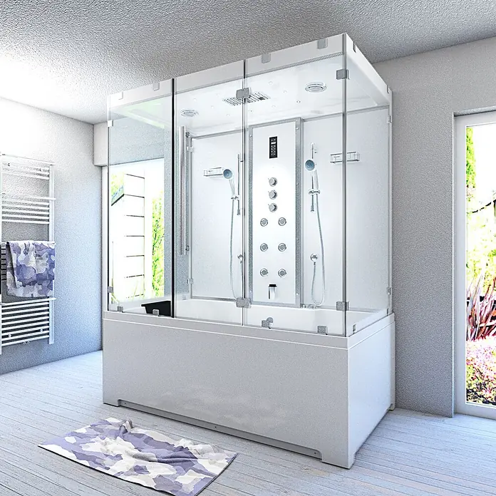 AcquaVapore Komplettdusche Dampfdusche K80-WS-TH-B-EC - Weiß - Große, moderne Dusch-Badewannen-Kombination in Weiß mit Glaswänden und mehreren Duschköpfen im hellen Badezimmer.
