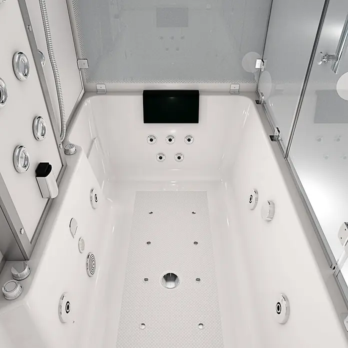 AcquaVapore Komplettdusche Dampfdusche K80-WS-EH-A - Weiß - Weiße Hydromassagewanne mit Chromdüsen, rutschfestem Boden, integriertem Display und Glaswänden.