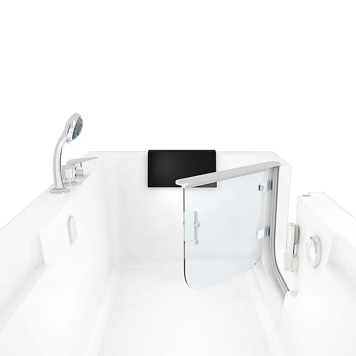 AcquaVapore Komplettdusche Fertigdusche S15D-EH-R-EC - Weiß - Weißer begehbarer Badewanne mit offener Glastür, schwarzer Kopfstütze und Chromarmaturen für barrierefreies Baden.