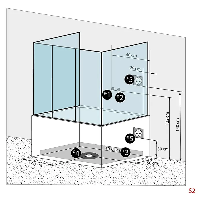 AcquaVapore Komplettdusche Dampfdusche K88-SW-TH-B - Schwarz - Installationsdiagramm einer Duschkabine mit Glaswänden, erhöhter Duschwanne, Abfluss und Steckdosen, inkl. Maßen.