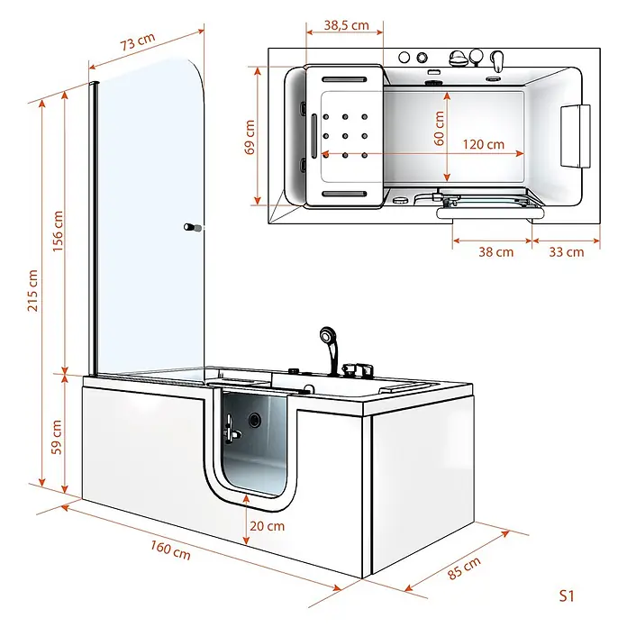 AcquaVapore Komplettdusche Fertigdusche S15D-R - 150 x 75 x 215 cm, Weiß - Weiße barrierefreie Badewanne mit integrierter Glas-Duschwand und detaillierten Maßen.