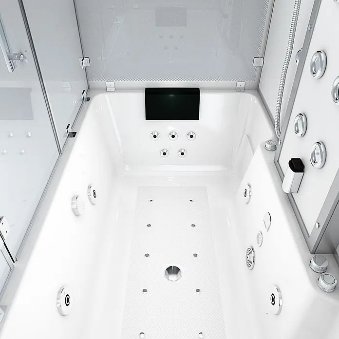 AcquaVapore Komplettdusche Dampfdusche K80-WS-TH-C-EC - Weiß - Moderne weiße Hydromassage-Badewanne mit Chromdüsen, Digitalanzeige und integrierten Bedienelementen in einer eleganten Duschkabine.