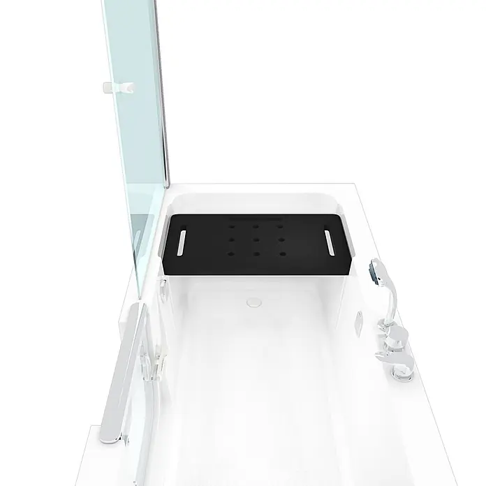 AcquaVapore Komplettdusche Fertigdusche S15D-EH-R-EC - Weiß - Weiße Badewanne mit schwarzem, perforiertem Duschsitz für Barrierefreiheit.