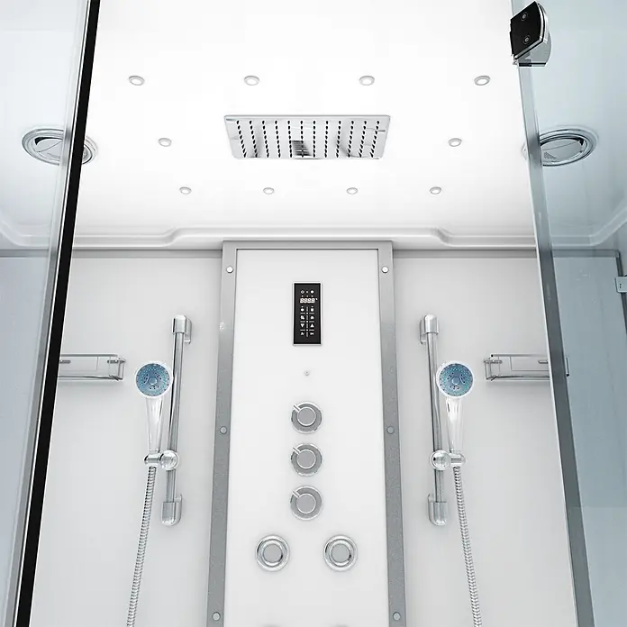 AcquaVapore Komplettdusche Dampfdusche K80-WS-TH-C-EC - Weiß - Moderner Duschkabinen-Innenraum mit Kopfbrause, zwei Handbrausen, digitalem Bedienfeld und Chromknöpfen.