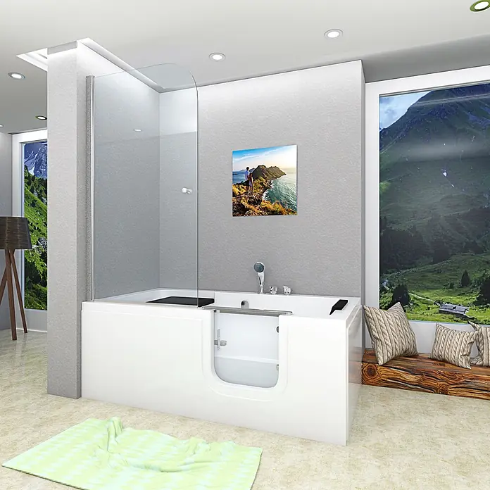 AcquaVapore Komplettdusche Fertigdusche S15D-EH-R-EC - Weiß - Weiße begehbare Badewanne mit Duschabtrennung aus Klarglas, in einem modernen Badezimmer.