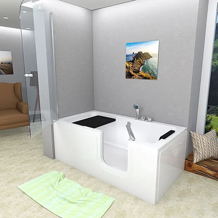 AcquaVapore Komplettdusche Fertigdusche S15D-EH-R-EC - Weiß - Weiße begehbare Badewanne mit barrierefreiem Einstieg, integriertem schwarzen Sitz und Armaturen, in einem modernen Bad.