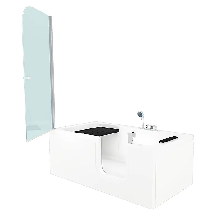 AcquaVapore Komplettdusche Fertigdusche S15D-EH-R-EC - Weiß - Weiße barrierefreie Badewanne mit Klarglasschirm, schwarzem Innensitz und Chrom-Brausearmaturen.