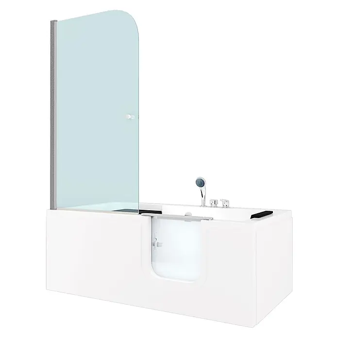 AcquaVapore Komplettdusche Fertigdusche S15D-EH-R-EC - Weiß - Weiße Badewanne mit Einstiegstür und Duschwand aus Klarglas, inklusive Chrom-Duschkopf und Armaturen.