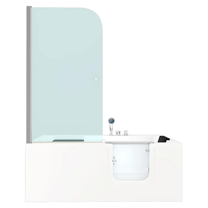 AcquaVapore Komplettdusche Fertigdusche S15D-EH-R-EC - Weiß - Weiße Walk-in-Badewanne mit transparenter Duschabtrennung und integrierter Brause und Armaturen.