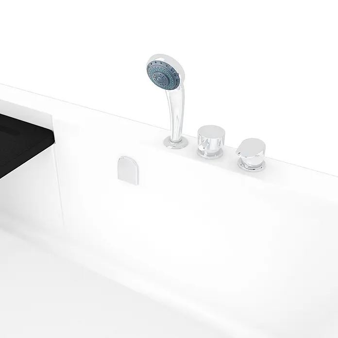 AcquaVapore Komplettdusche Fertigdusche S15D-EH-R-EC - Weiß - Weiße Badewanne mit Chrom-Handbrause und zwei Bedienknöpfen. Dunkles, integriertes Regal links.