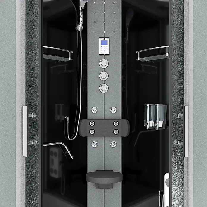 AcquaVapore Komplettdusche Fertigdusche D58-63M1 - Schwarz - Moderne dunkelgraue Duschkabine mit strukturierter Glaswand, Bedienfeld, Handbrause, Massagedüsen und Klappsitz.