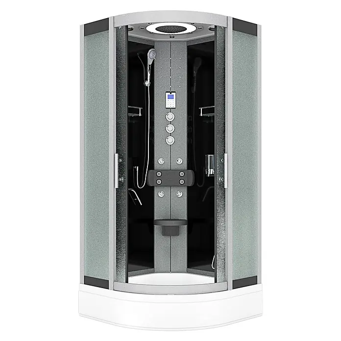 AcquaVapore Komplettdusche Fertigdusche D58-63M1 - Schwarz - Moderne Eckduschkabine mit mattiertem Glas, grauem Bedienfeld, Hand- und Regendusche, Massagedüsen und Steuerpult.